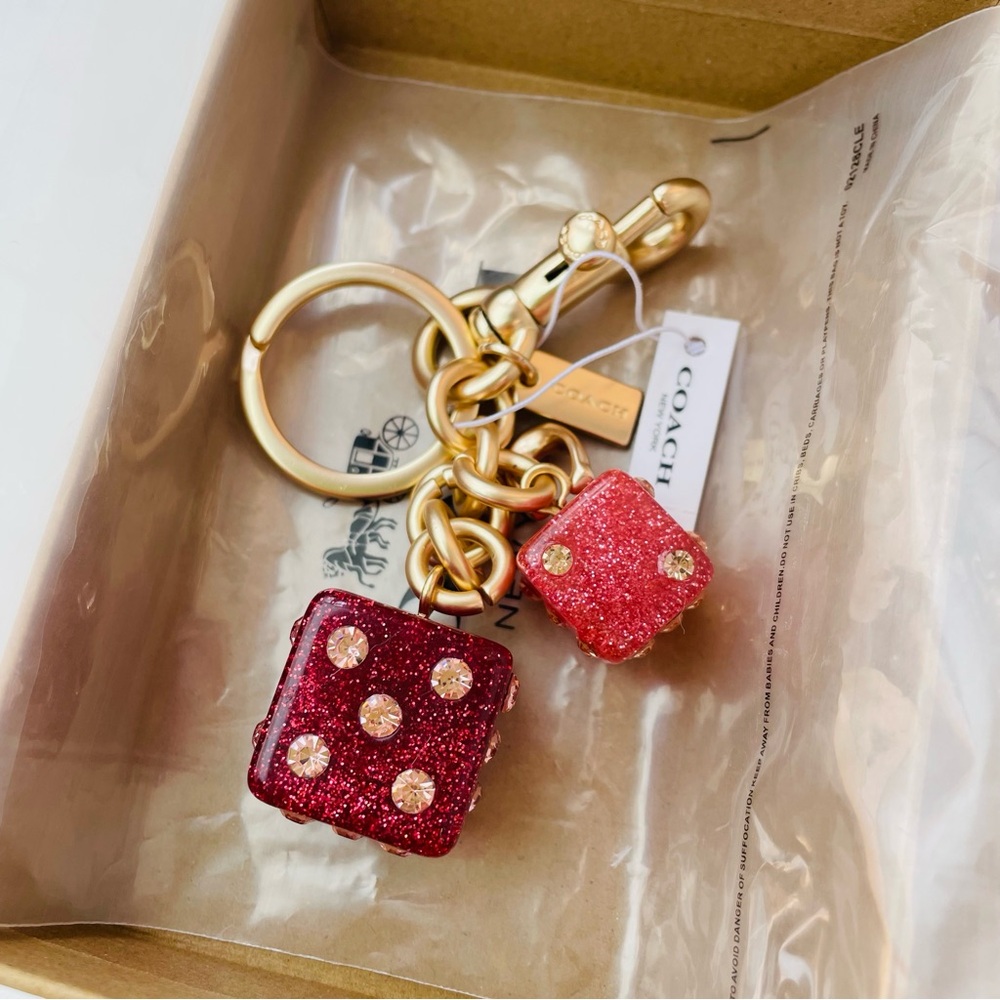 Coach Gold-Tone Keyring with Red Glitter Dice Charms - Picture 2 of 3